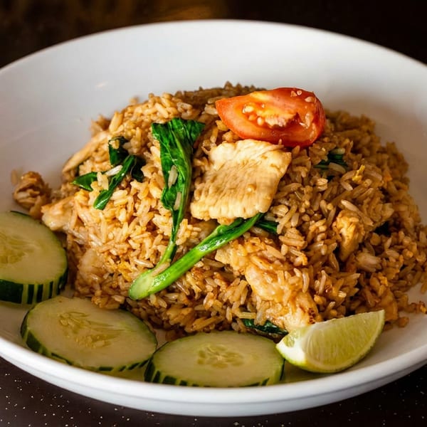 Chicken fried rice with green vegetables, tomato, cucumber, and lime in a white bowl.