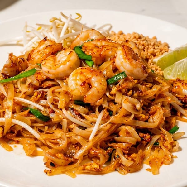 Shrimp Pad Thai with bean sprouts, crushed peanuts, and lime wedges on a white plate.